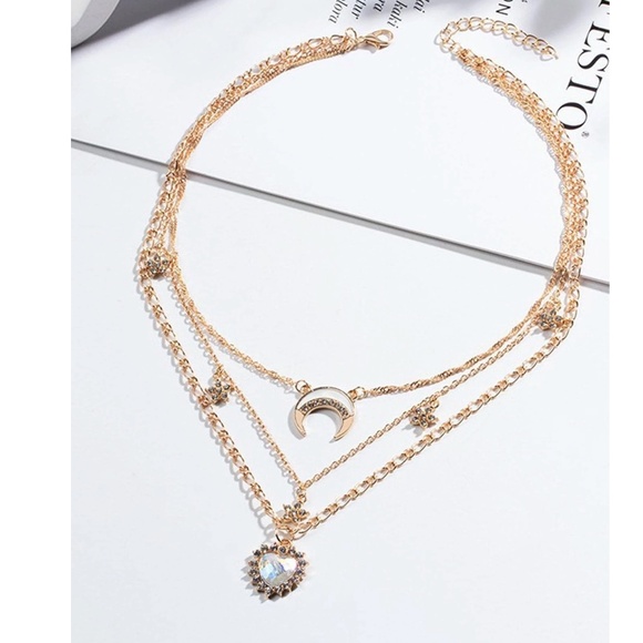 Gold Tone Rhinestone Heart Flowers Multilayer Necklace - Picture 3 of 3